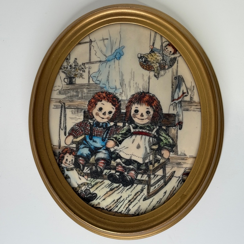 Vintage Oval Framed Raggedy Ann & Andy Rag Doll Wall Art Marvetti Cultured